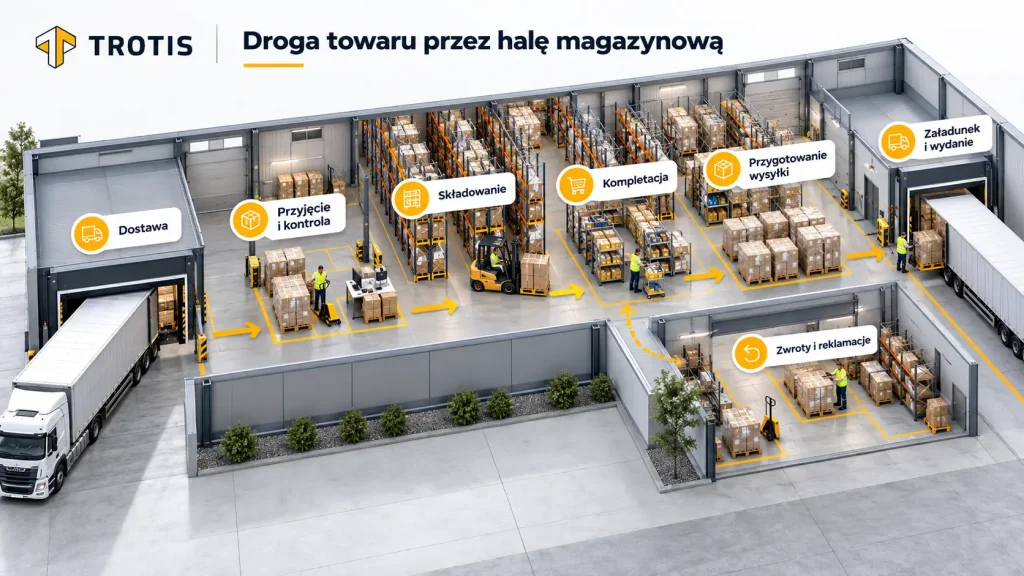 Droga towaru przez halę magazynową